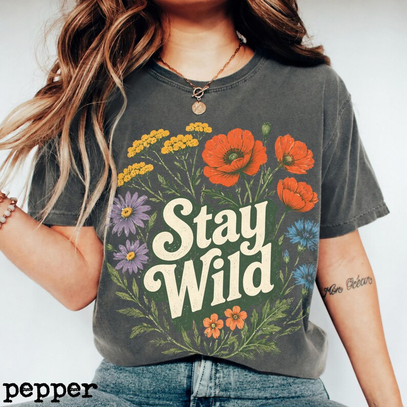 Boho Stay Wild Wildflower Shirt, Botanical Floral Tee, Vintage Nature Graphic Shirt, Cottagecore Gift image 8