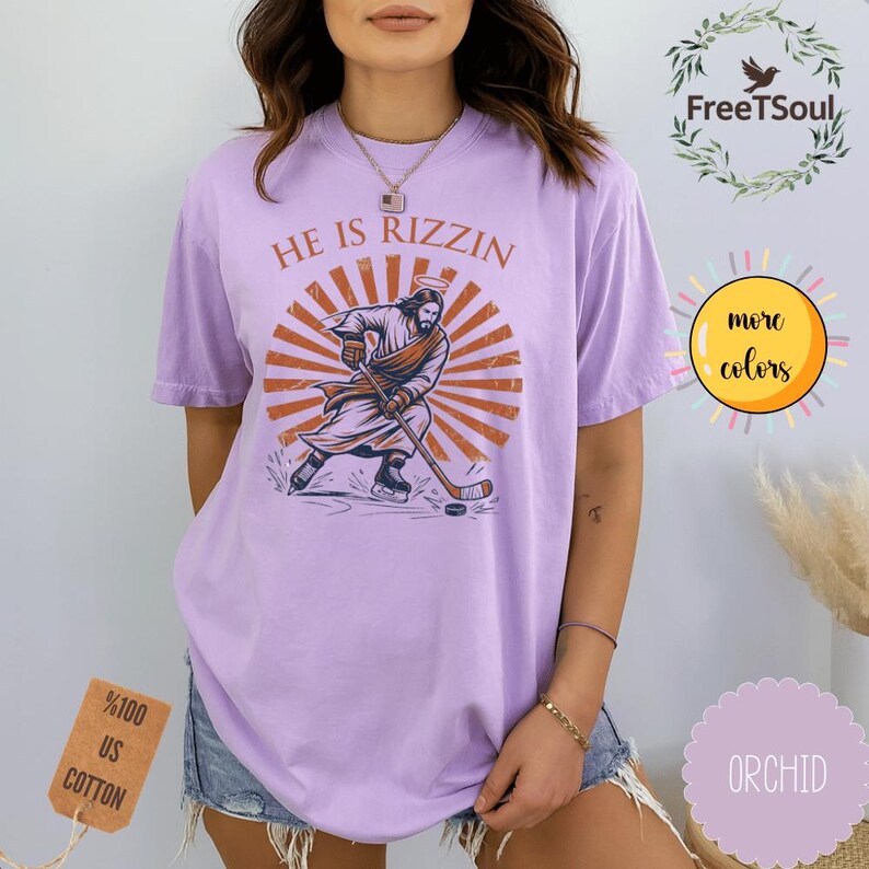 He Is Rizzin Jesus Hockey Graphic, Funny Christian Meme Design, Vintage Religious Humor Apparel image 6
