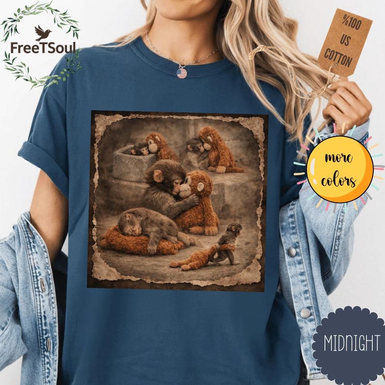 May include: A navy blue t-shirt with a sepia-toned image of plush monkey figures. The image shows the monkeys in different poses. The shirt has the text "FreeTSoul" and a tag that says "100% US Cotton".