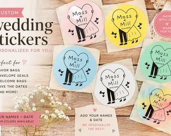 Personalized Couple Stickers, Custom Wedding Favor Labels, Bridal Shower Stickers, Heart Couple Labels, Engagement Party Seals