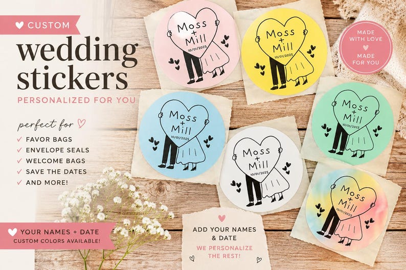 May include: A collection of circular stickers featuring a black line drawing of two figures holding a heart with the text Moss + Mill and 10/21/2025. The stickers come in pink, yellow, blue, white, green, and a multi-colored watercolor finish.