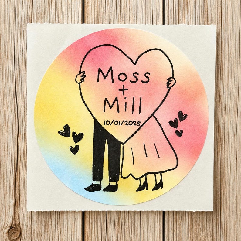 May include: A circular sticker featuring a watercolor gradient background of yellow, orange, and pink. A black line drawing shows two figures holding a large heart with the text Moss + Mill and the date 10/01/2025. Small black hearts surround them.