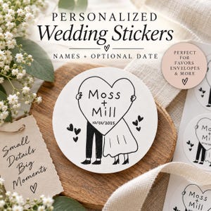 May include: A round white sticker featuring a black line drawing of two figures holding a large heart. The heart contains the text Moss + Mill and the date 10/01/2025. Several small black hearts are scattered around the figures on the sticker.