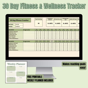 30 Day Fitness Challenge Tracker: Sage Green Weekly Planner (Digital Download Excel/PDF)
