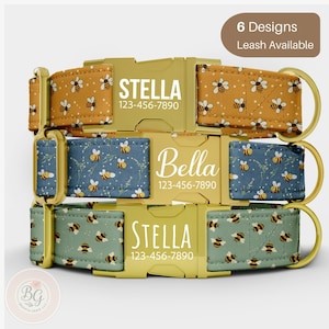 May include: Three dog collars with bee patterns in mustard yellow, blue, and green. Each collar has a gold-colored buckle and a name and phone number printed on it. The top and bottom collars are labeled "Stella", and the middle collar is labeled "Bella". The text "6 Designs Leash Available" is in the top right corner.