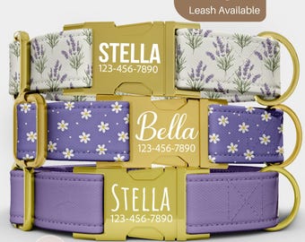 May include: Three personalized dog collars with gold-colored buckles. The top collar has a lavender pattern, the middle one has white daisies on purple, and the bottom one is solid purple. Each collar displays a name and phone number. The image includes text that says "6 Designs Leash Available."