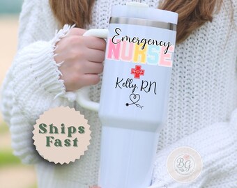 Personalized ER Nurse Tumbler, ER Nurse Tumbler with Handle, ER Nurse Cup, 40 oz Tumbler Gift for Emergency Room Nurse, Custom er nurse mug