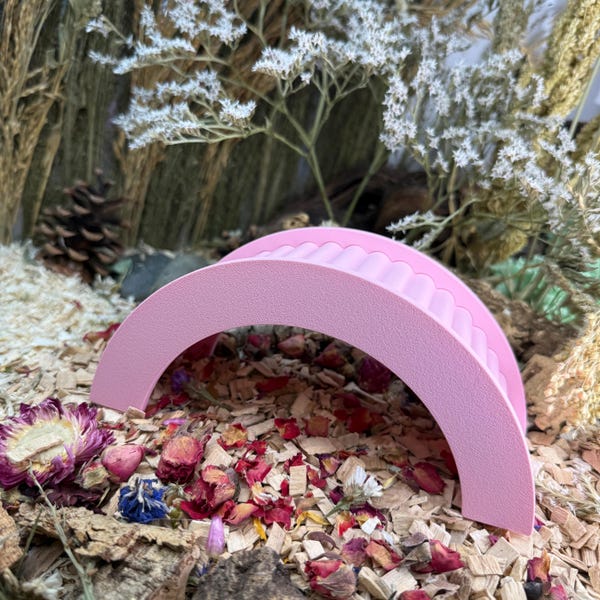 May include: A semi-circular pink bridge with a ribbed, textured surface. The structure features a smooth, arched top and vertical ridges along its curved exterior, providing a solid, minimalist form that stands independently on a flat surface.