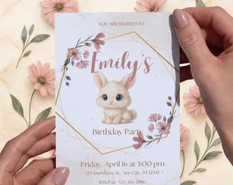 Bunny Birthday Invitation Template, Cute Woodland Animal Party Invite, Editable Canva Digital Download Kids Birthday Card, Nibbles the Bunny
