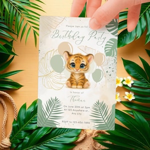 Tiger Birthday Invitation Template, Jungle Safari Kids Party Card, Editable Canva Digital Download, Printable Invite, Mango The Tiger