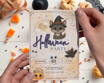 Halloween Party Invitation, Cute Wolf Party Card, Kids Spooky Birthday Template, Editable Canva, Printable Instant Download, Shadow The Wolf