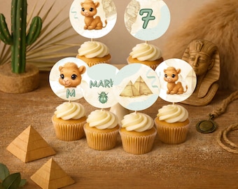 Toppers de cupcake para aniversário com tema de camelo, imprimíveis, decoração para festa infantil com tema de safári no deserto, modelo editável do Canva, Sunny, a Camela