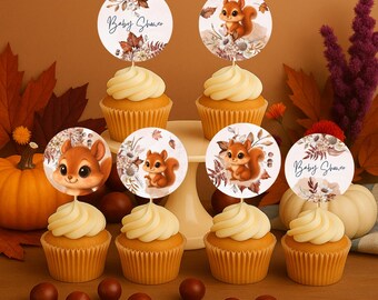 Woodland Squirrel Cupcake Toppers Printable, Fall Baby Shower Decor, Cute Forest Animal Party Circles, Editable Template, Acorn The Squirrel