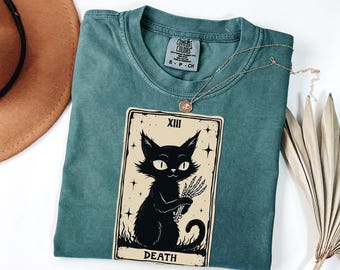 Tarot Card Black Cat Comfort Colors® Shirt, Tarot Death T-Shirt, Witchy Cat Shirt, Spooky Cat Gift, Halloween Black Cat Shirt,Cat Lover Gift