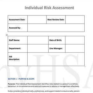 May include: A white document titled "Individual Risk Assessment" with text fields for assessment details. The document includes sections for assessment date, staff name, department, and job description. It also has a section for the purpose and scope of the assessment.