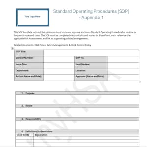 May include: A white document titled "Standard Operating Procedures (SOP) - Appendix 1" with a blue logo box. The document includes sections for SOP Title, Version Number, Issue Date, Department, and Author. It outlines steps for creating and approving SOPs.