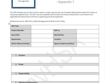 May include: A white document headed "Standard Operating Procedures (SOP) - Appendix 1" with a blue logo box. The document includes sections for SOP Title, Version Number, Issue Date, Department, and Author. It outlines steps for creating and approving SOPs.