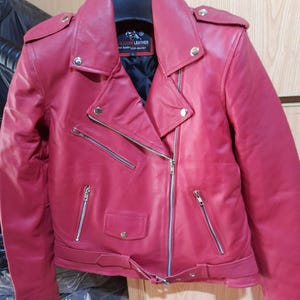 Women’s Pink Leather Biker Jacket Genuine Motorcycle Coat with Belted Waist and Zipper Pockets