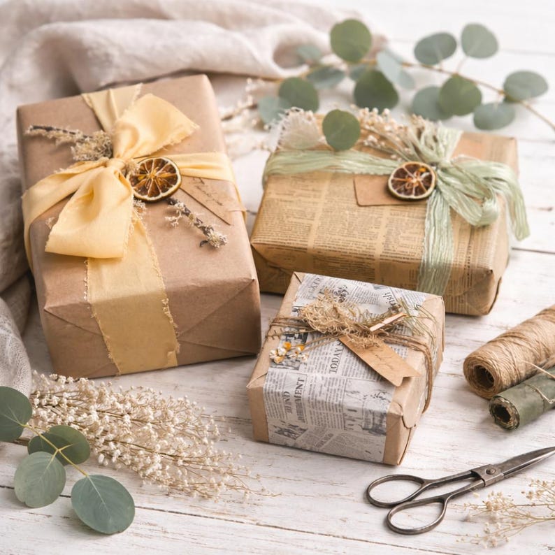 May include: Three wrapped gifts with decorative bows and dried citrus slices. The gifts are wrapped in brown paper and newspaper, adorned with ribbons, twine, and sprigs of dried flowers. A pair of scissors and spools of twine are also present.