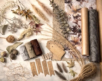 Rustic Floral Gift Wrapping Set, Botanical Gift Wrap Kit, Curated Gift Wrap Supplies, Vintage Style Wrapping Paper, Romantic Gift Packaging