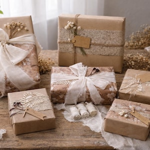 Neutral Gift Wrapping Supplies Set, Rustic Packaging Tools, Botanical Wrapping Materials for Small Business, Craft Gift Wrap Supplies