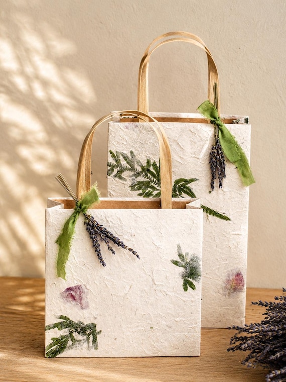 Handmade Botanical Gift Bag | Artisan Gift Presentation Bag with Pressed Botanicals | Rustic Bridesmaid Gift Wrapping