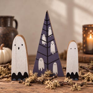 Rustic Wooden Ghost Halloween Decor Set, Purple Haunted Tree, Woodland Ghost Figurines, Fall Shelf & Mantel Decor