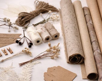 Rustic Gift Wrapping Set, Brown Kraft Earthy Neutral Gift Wrap Kit with Rice Paper, Chiffon Ribbon, Twine & Tags, Gift Wrapping Supplies