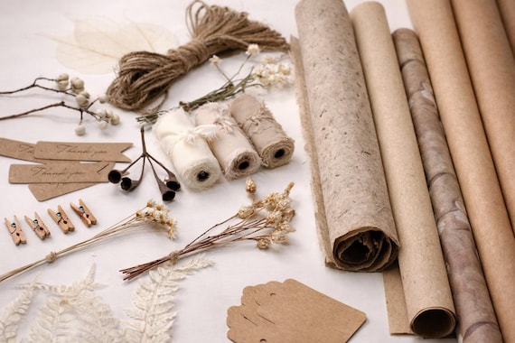 Rustic Gift Wrapping Set, Brown Kraft Earthy Neutral Gift Wrap Kit with Rice Paper, Chiffon Ribbon, Twine & Tags, Gift Wrapping Supplies