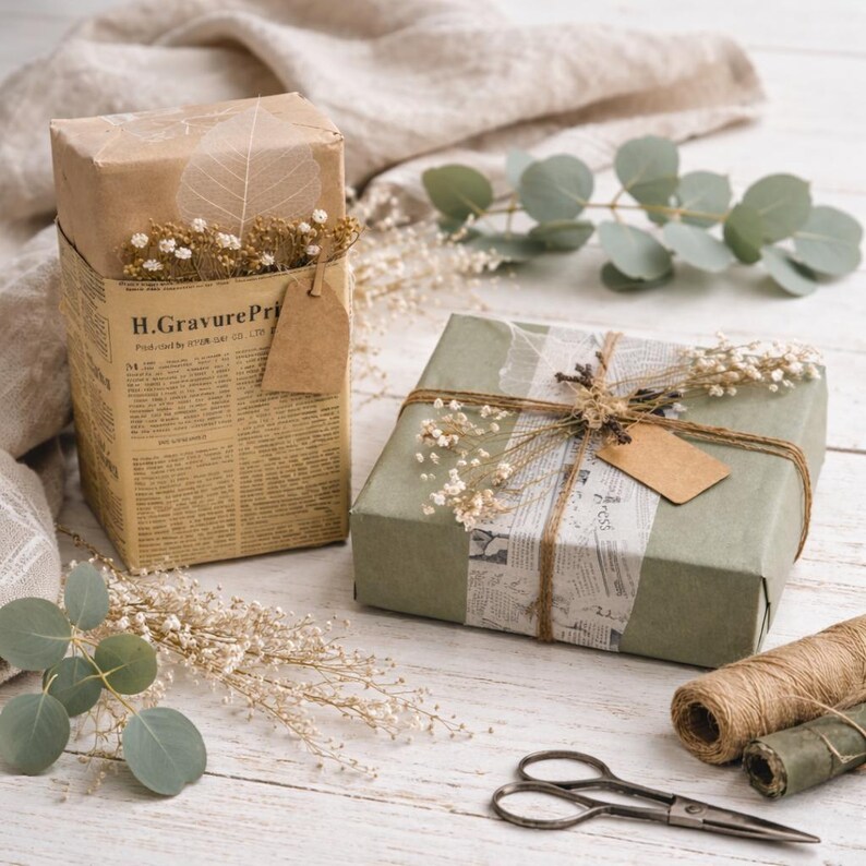 May include: Two wrapped gifts with decorative elements. One is wrapped in brown paper with a newspaper-style band and a tag. The other is wrapped in green paper with a newspaper-style band and a tag. Both are adorned with dried flowers and twine.