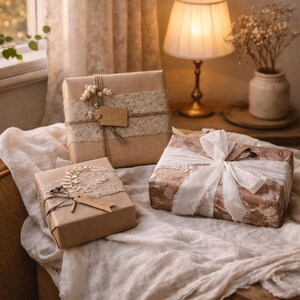May include: Three wrapped gifts on a table, each with unique decorative elements. The gifts are wrapped in brown paper and adorned with lace, ribbons, and dried flowers. The scene is lit by a warm lamp and natural light.