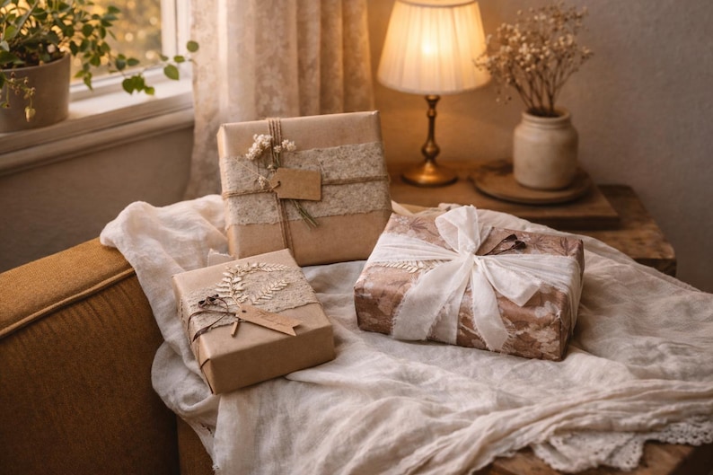 May include: Three wrapped gifts on a table, each with unique decorative elements. The gifts are wrapped in brown paper and adorned with lace, ribbons, and dried flowers. The scene is lit by a warm lamp and natural light.