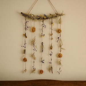 Rustic Farmhouse Boho Wall Hanging with Dried Limes, Moss & Rose Hips - Autumn Wall Decor, Natural Fall Garland for Home And Living