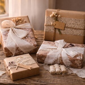 May include: Four wrapped gift boxes with decorative bows and embellishments. The boxes are wrapped in brown paper and floral patterned paper, adorned with ribbons, dried flowers, and tags. The scene is set on a wooden surface.