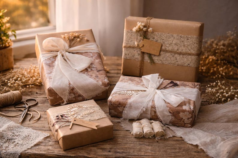 May include: Four wrapped gift boxes with decorative bows and embellishments. The boxes are wrapped in brown paper and floral patterned paper, adorned with ribbons, dried flowers, and tags. The scene is set on a wooden surface.