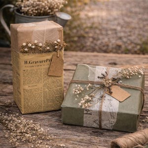 May include: Two wrapped gifts on a wooden surface. One is wrapped in newspaper with a tag and dried flowers. The other is wrapped in green paper, twine, and dried flowers. Scissors and twine are also visible.