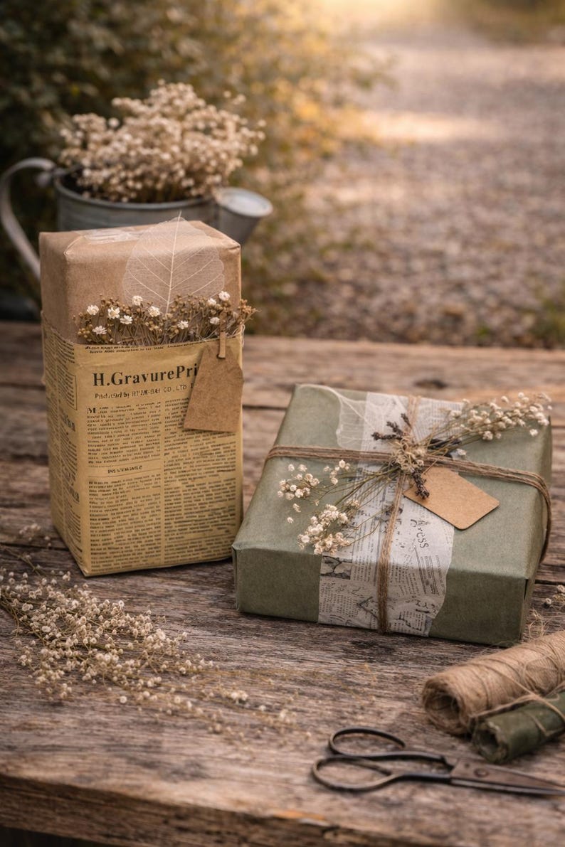 May include: Two wrapped gifts on a wooden surface. One is wrapped in newspaper with a tag and dried flowers. The other is wrapped in green paper, twine, and dried flowers. Scissors and twine are also visible.