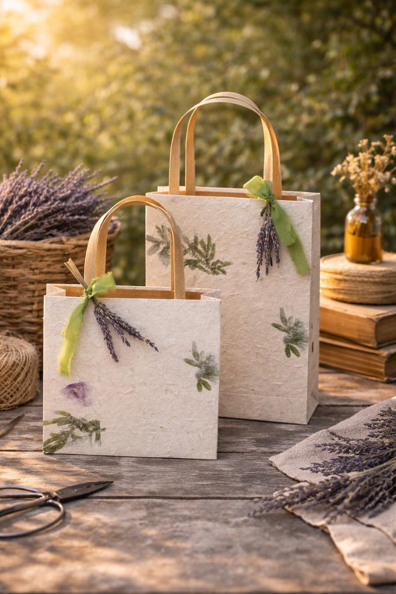 May include: Two rectangular off-white paper gift bags with flat handles, decorated with pressed green foliage and purple flower petals. Each bag is tied with a green ribbon and a small bundle of dried lavender stems attached to the handle.