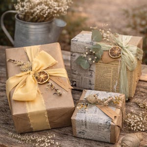 May include: Three wrapped gifts on a wooden surface. The gifts are wrapped in brown paper and newspaper, adorned with yellow ribbons, dried citrus slices, and sprigs of dried flowers. A metal watering can with white flowers is in the background.
