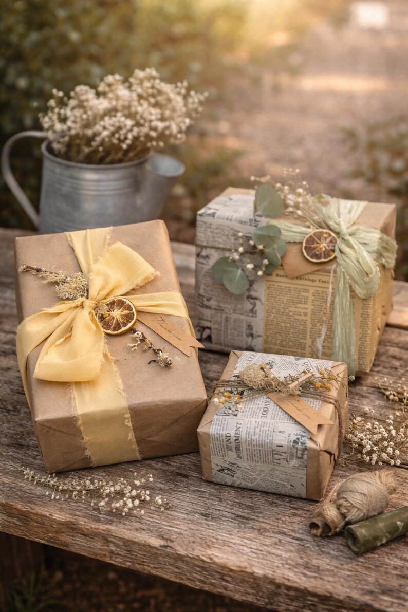 May include: Three wrapped gifts on a wooden surface. The gifts are wrapped in brown paper and newspaper, adorned with yellow ribbons, dried citrus slices, and sprigs of dried flowers. A metal watering can with white flowers is in the background.