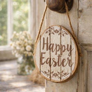 Peut inclure: Panneau en bois en forme d'œuf de Pâques avec l'inscription "Happy Easter" en lettres marron. Le panneau est suspendu à un bouton de porte par une corde. Le panneau présente des motifs floraux décoratifs.