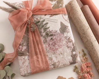Gift Wrapping Kit, Floral Wrapping Paper Set with Ribbon, Tags & Dried Flowers, Botanical Rustic Gift Wrap Supplies, Dusty Rose Gift Wrap