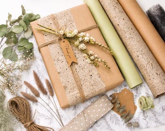 Natural Gift Wrapping Kit with Gift Bags, Botanical Wrapping Paper Set, Rustic Eco Style Gift Wrap Kit, Neutral Wrapping Kit