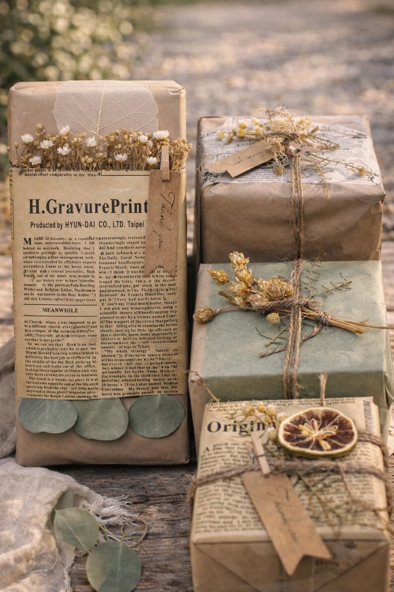 May include: Several wrapped gifts with brown paper, twine, and dried floral accents. One package features newspaper print and the text "H.GravurePrint". Another has a tag that says "Thank you". The gifts are arranged on a wooden surface.