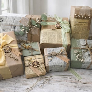 Botanical Wrapping Paper Set, Rustic Kraft Gift Wrap Ribbon & Dried Flowers, Neutral Farmhouse Gift Wrap, Natural Aesthetic Packaging Paper