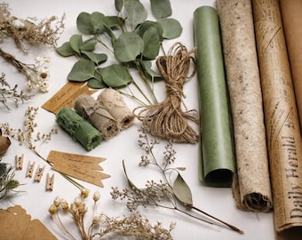 Conjunto de Papel de Embrulho Rústico, Papel Kraft, Papel Verde e Papel de Amoreira, Kit de Papel de Embrulho Botânico Natural Lindamente Selecionado.