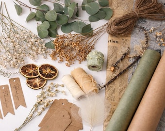 Rustic Botanical Gift Wrapping Set – Kraft Paper, Raw Edges Handmade Ribbon, Dried Flowers & Tags – Neutral Natural Farmhouse Gift Wrap Kit