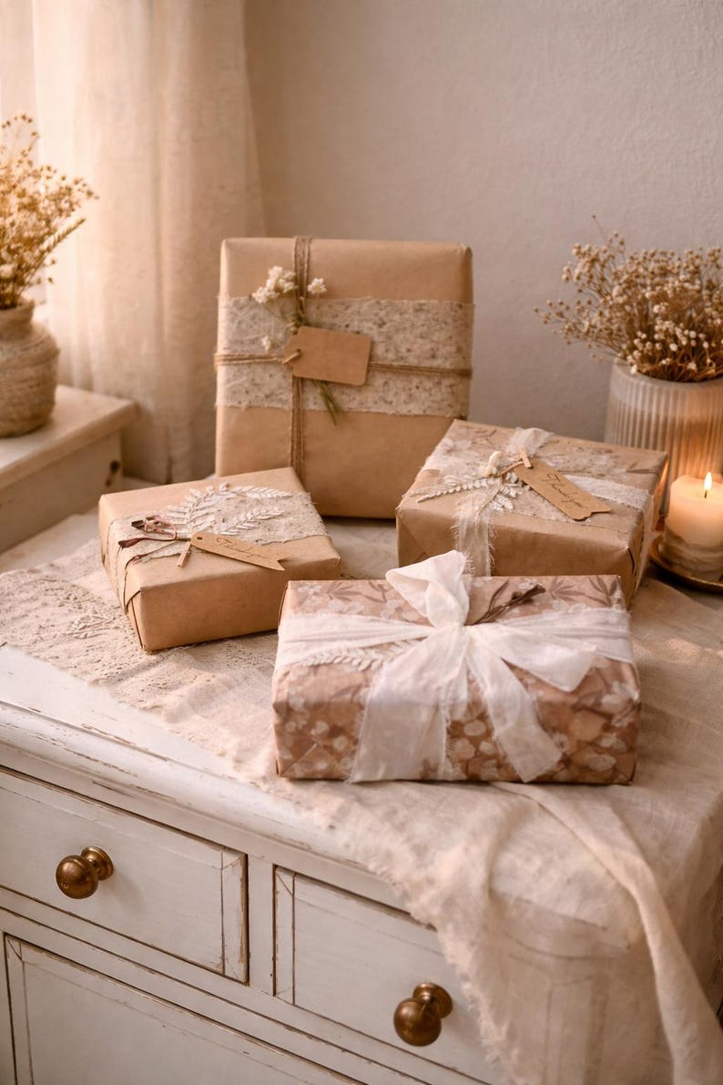 May include: Several wrapped gifts on a white table, decorated with dried flowers and lace. The gifts are wrapped in brown paper and patterned paper, tied with twine and ribbons, and adorned with tags. A candle and vases are in the background.