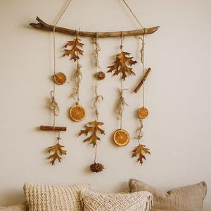 Rustic Farmhouse Fall Wall Decor, Garland with Dried Oranges Lemons Oak Leaves Cinnamon Pinecone, Eco Friendly Boho Autumn Decoration Gift