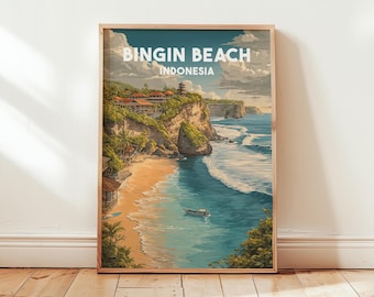 Könnte beinhalten: Ein gerahmter Kunstdruck mit Bingin Beach, Indonesien. Das Kunstwerk zeigt eine malerische Küstenansicht mit einem Sandstrand, türkisfarbenem Wasser und Klippen mit Gebäuden. Der Himmel ist bewölkt. Der Text "BINGIN BEACH INDONESIA" steht oben.